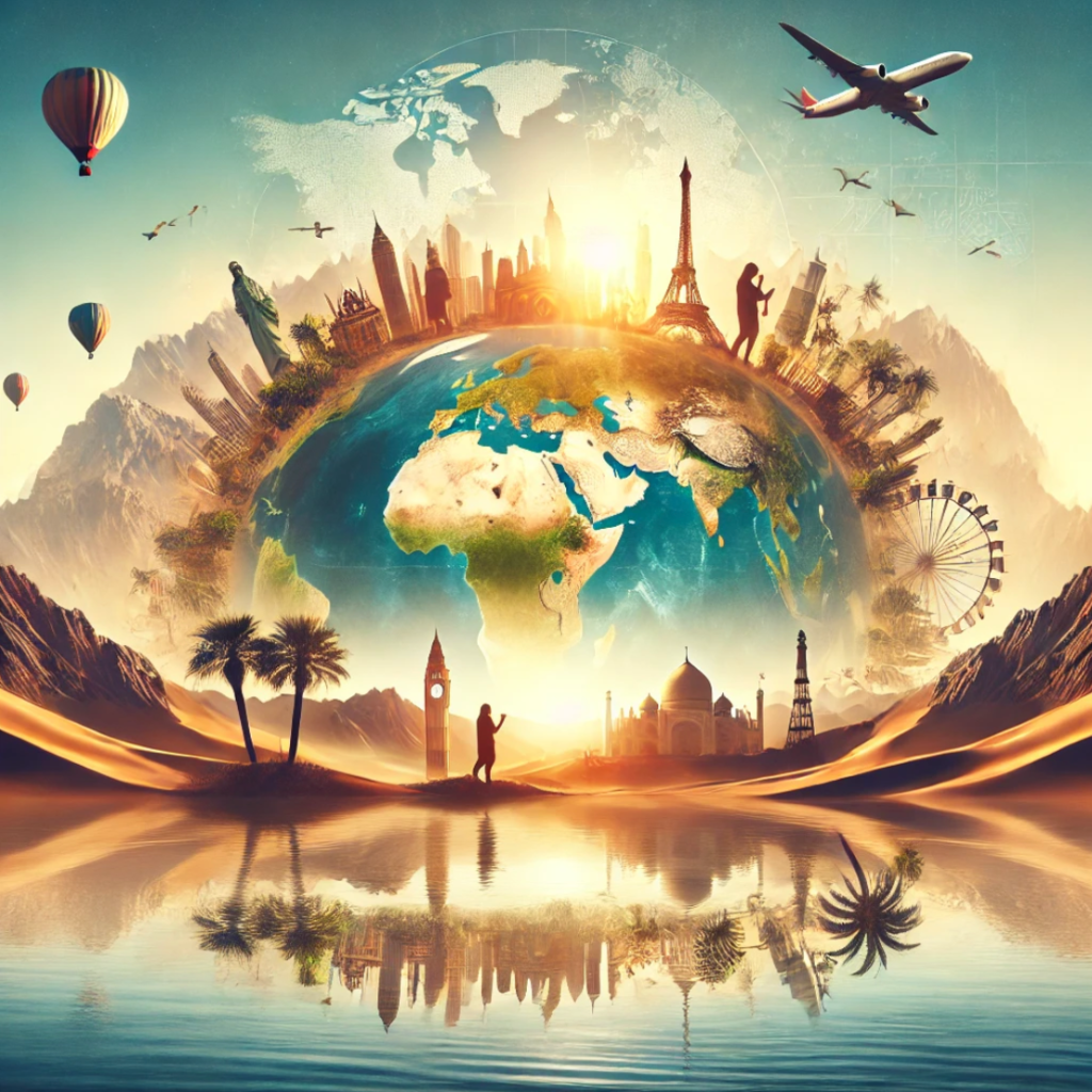 A vibrant depiction of global travel featuring famous landmarks like the Eiffel Tower, Statue of Liberty, and Big Ben encircling a globe. Hot air balloons and an airplane soar above, while mountains and palm trees reflect in a tranquil lake below, suggesting a journey across diverse terrains and cultures.